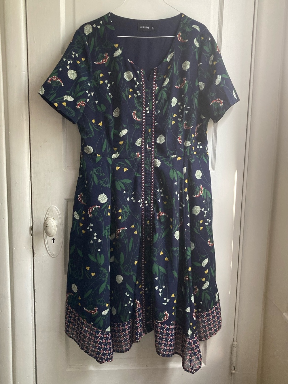 Navy Floral Midi Dress with Contrast Hem